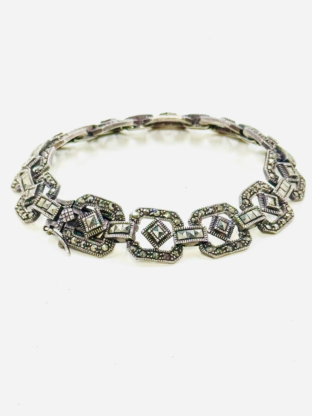 Vintage Sterling Silver & Marcasite Art Deco Link Bracelet W/Safety Clasp 9”